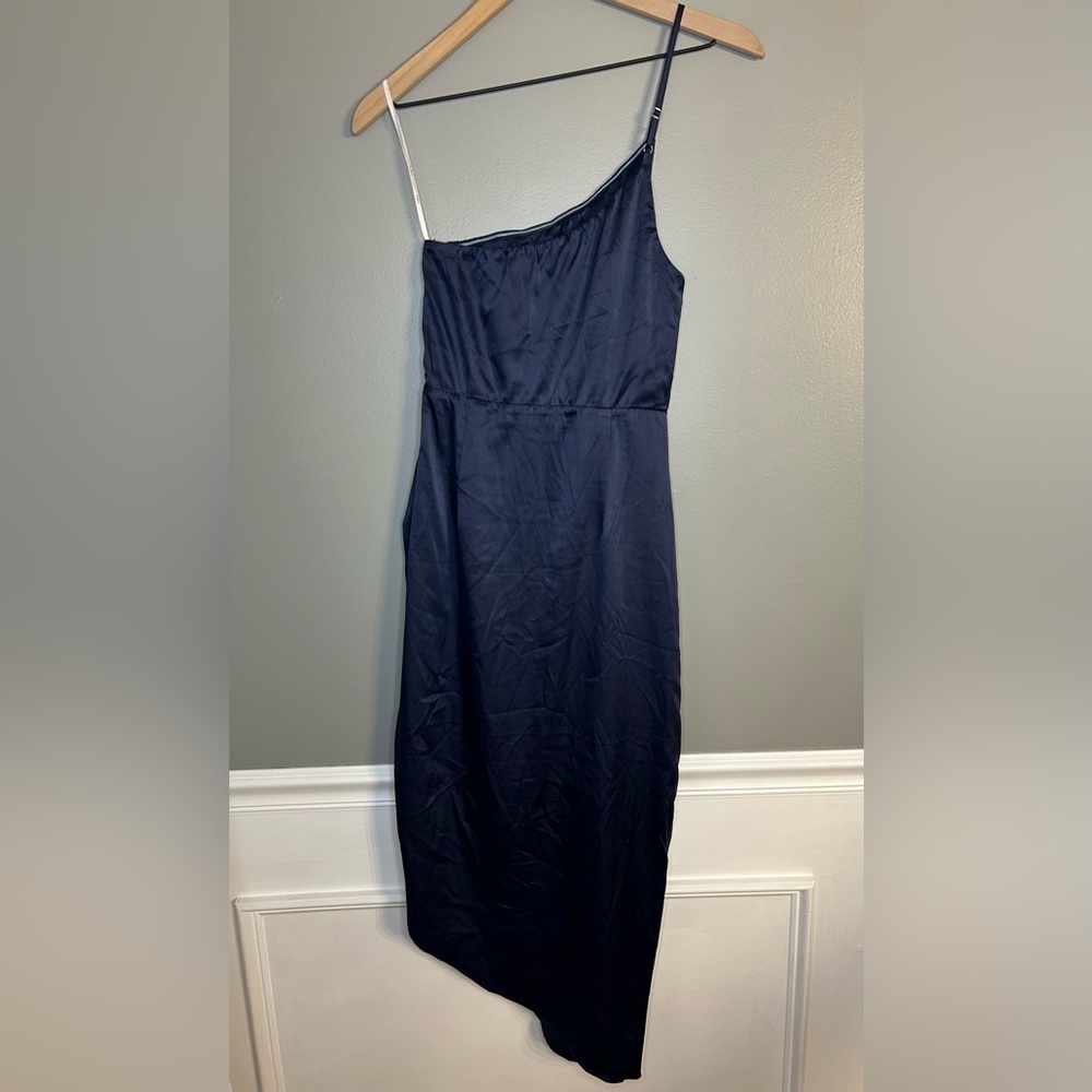 Lulus Law of Attraction Navy Blue One-Shoulder Asymmetrical Midi Dress, Size XS - Picture 9 of 13